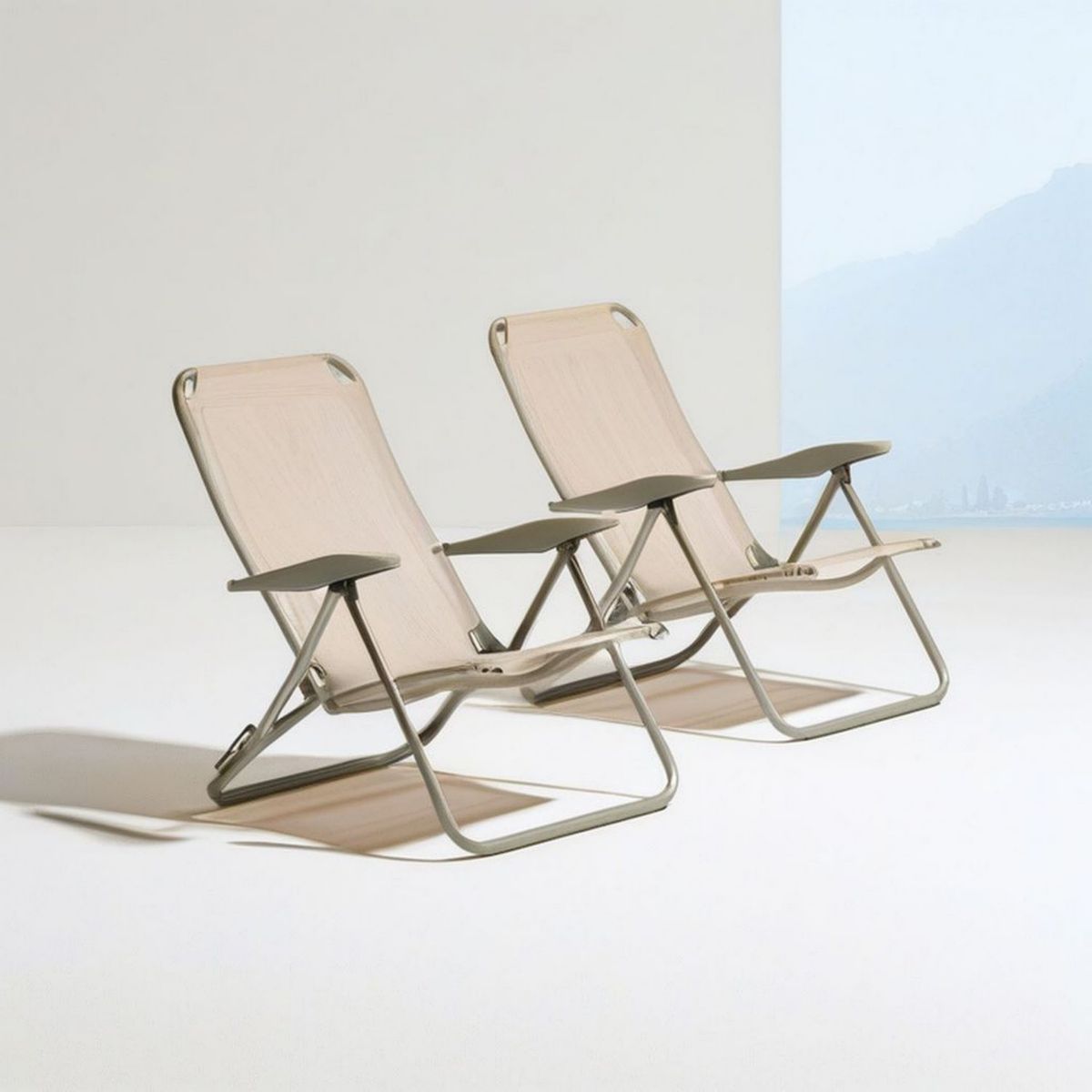 2er-Set klappbare Gartenliegen mit Armlehnen, 58 x 98 x 88 cm, Beige/Olivgrau