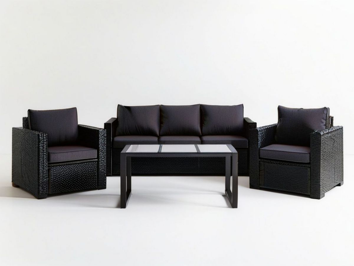 Garten-Loungeset aus Polyrattan, Schwarz/Anthrazit, 3-Sitzer 180 x 70 x 73 cm, Sessel und Glastisch