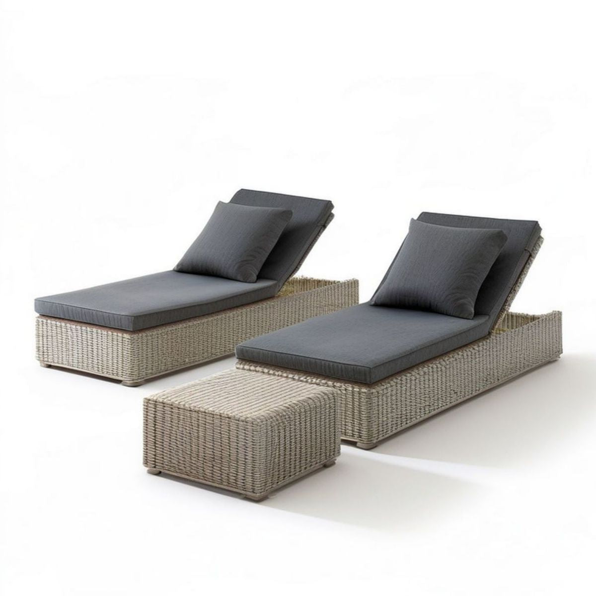 2er-Set verstellbare Gartenliegen aus PE-Rattan mit Hocker, Beige/Anthrazit, 200 x 70 x 35 cm