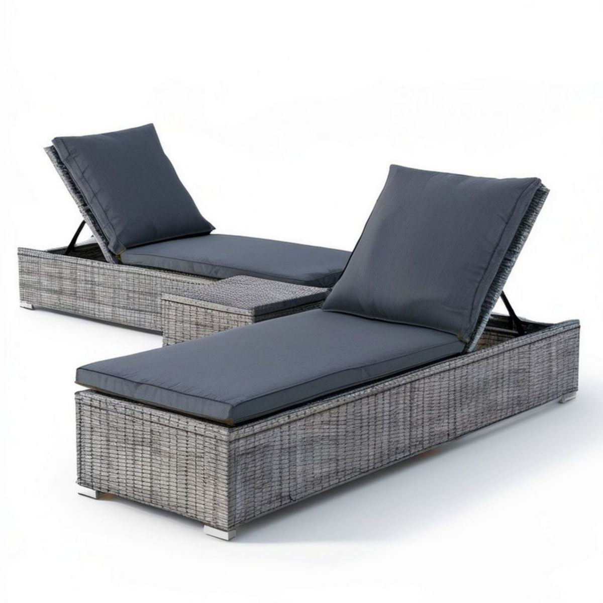 2er-Set Gartenliegen aus PE-Rattan mit verstellbarer Rückenlehne, 196 x 68 x 30 cm, Grau/Anthrazit