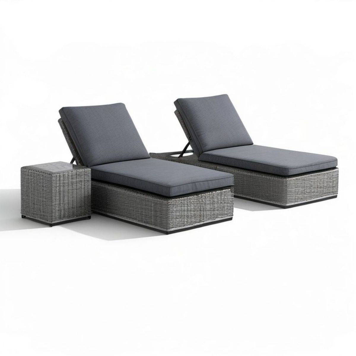 2er-Set verstellbare Gartenliegen mit Beistelltisch, 195 x 65 x 32 cm, Grau/Anthrazit