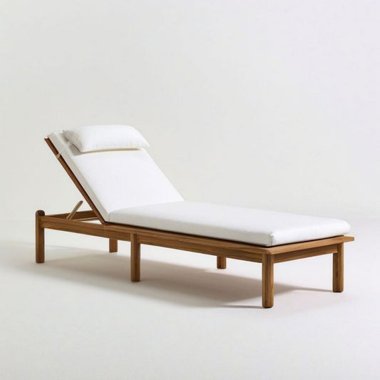 Verstellbare Liege aus Teakholz mit weisser Polyesterauflage, 200 x 70 x 35 cm