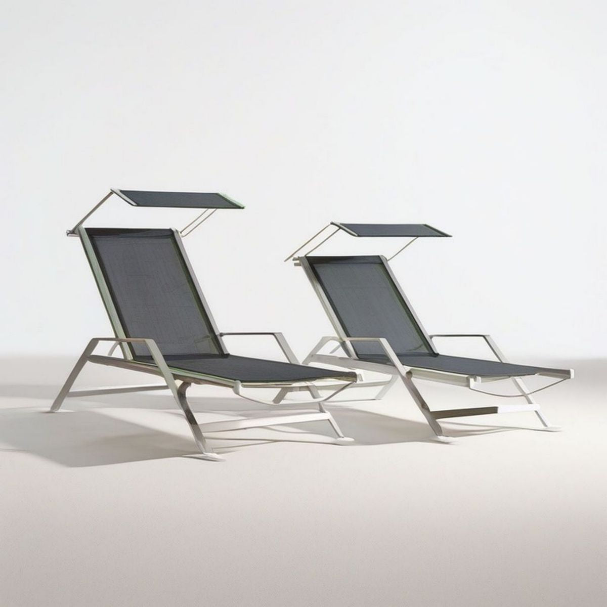 2er-Set verstellbare Gartenliegen mit Sonnendach, 200 x 68 x 110 cm, Dunkelgrau/Weiss