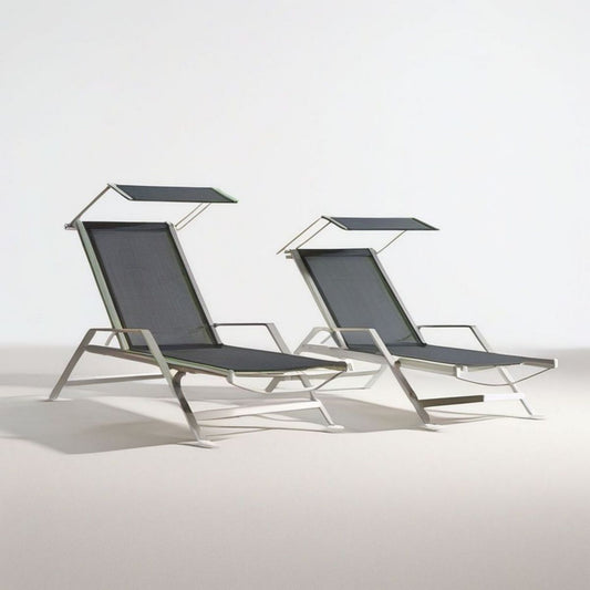 2er-Set verstellbare Gartenliegen mit Sonnendach, 200 x 68 x 110 cm, Dunkelgrau/Weiss
