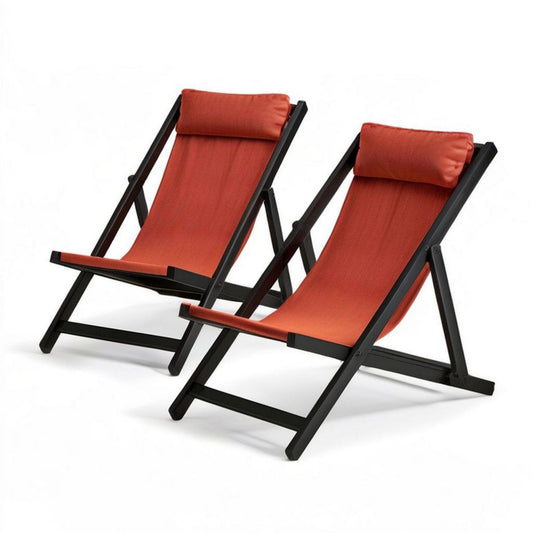 2er-Set klappbare Gartenliegen mit Kopfkissen, 58 x 96 x 92 cm, Terrakotta/Schwarz, Eukalyptusholz und Polyester