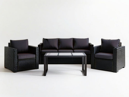 Garten-Loungeset aus Polyrattan, Schwarz/Anthrazit, 3-Sitzer 180 x 70 x 73 cm, Sessel und Glastisch