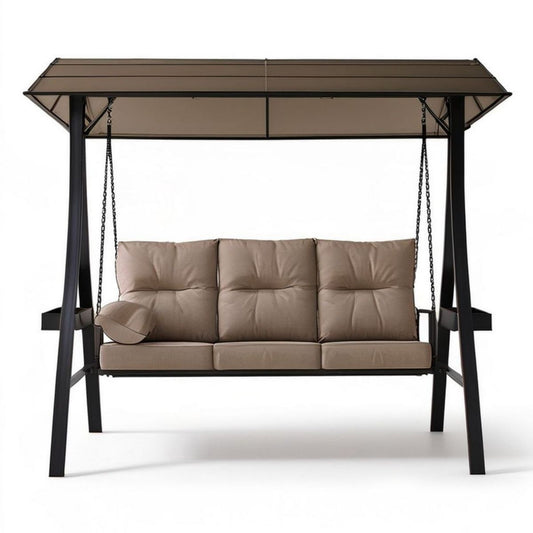 3-Sitzer Hollywoodschaukel mit Dach, 200 x 120 x 170 cm, Taupe/Schwarz