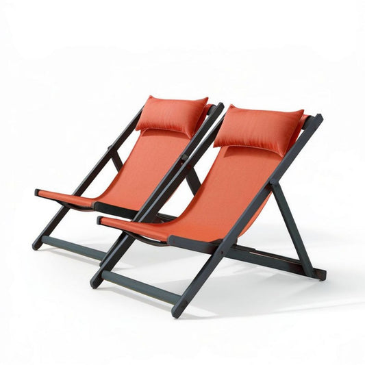 2er-Set klappbar mit Kissen, 120 x 58 x 85 cm, Orange/Schwarz, Massivholz und Polyester