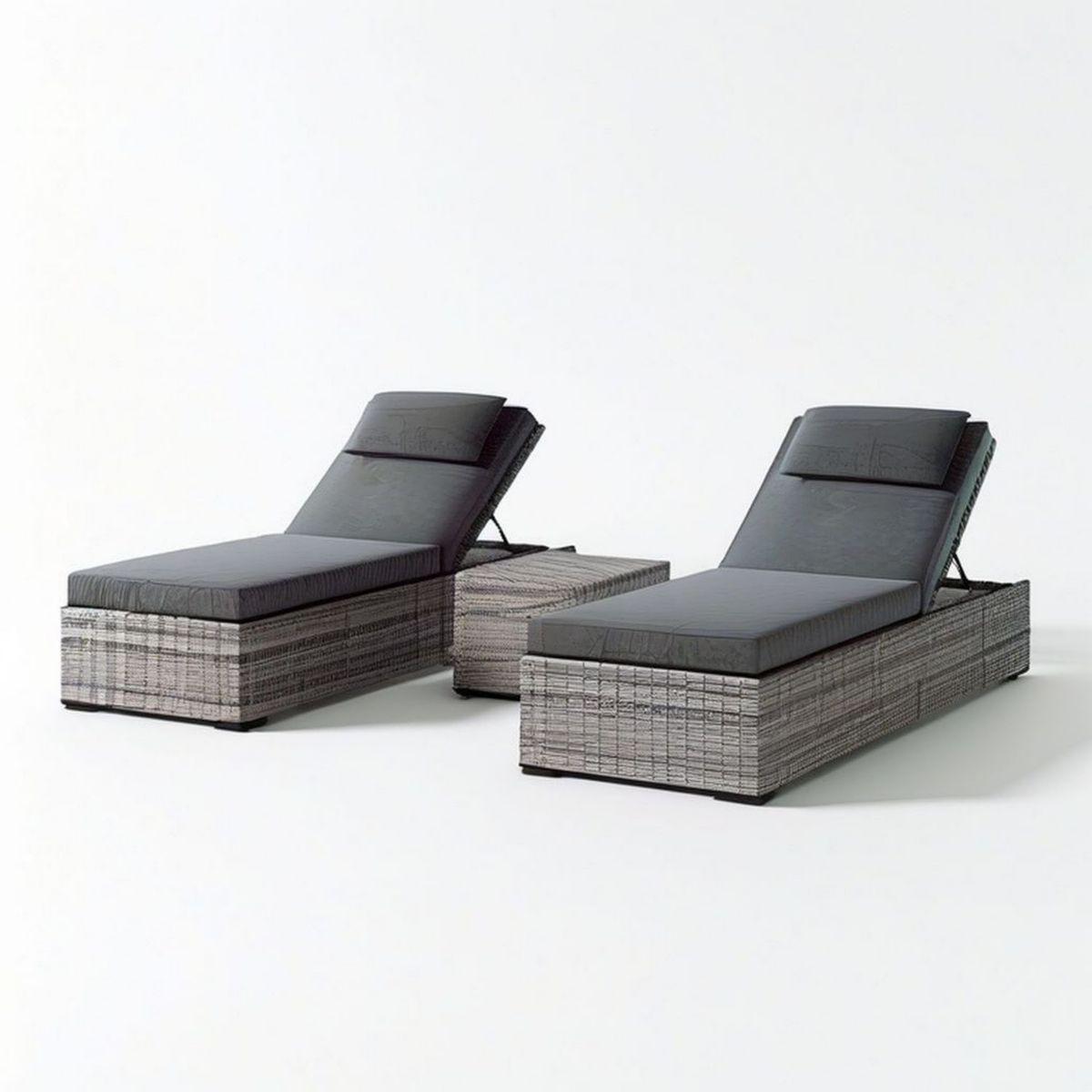 3-teiliges Gartenmöbel-Set Grau/Schwarz mit verstellbaren Rückenlehnen, 2 Liegen 200 x 65 x 30 cm und Tisch 65 x 65 x 30 cm