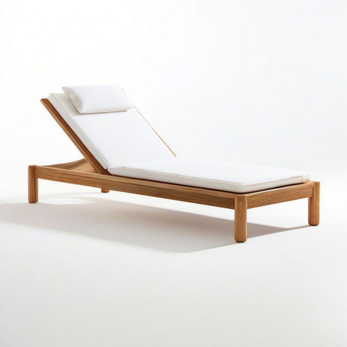 Gartenliege aus Teak-Massivholz mit verstellbarer Rückenlehne, weisser Polyester-Auflage und Kopfkissen, 200 x 70 x 35 cm