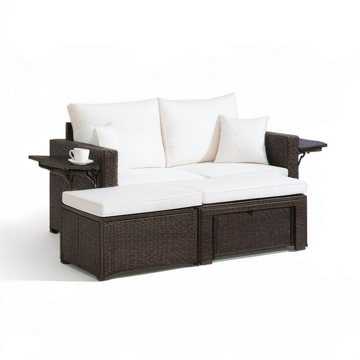 2-Sitzer Gartensofa mit ausziehbaren Fusshockern und klappbaren Seitentischen, 200 x 75 x 86 cm, Braun/Cremeweiss