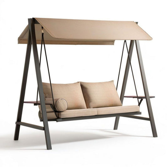 Zweisitzer-Hollywoodschaukel mit Sonnendach, 210 x 130 x 190 cm, Beige/Dunkelgrau