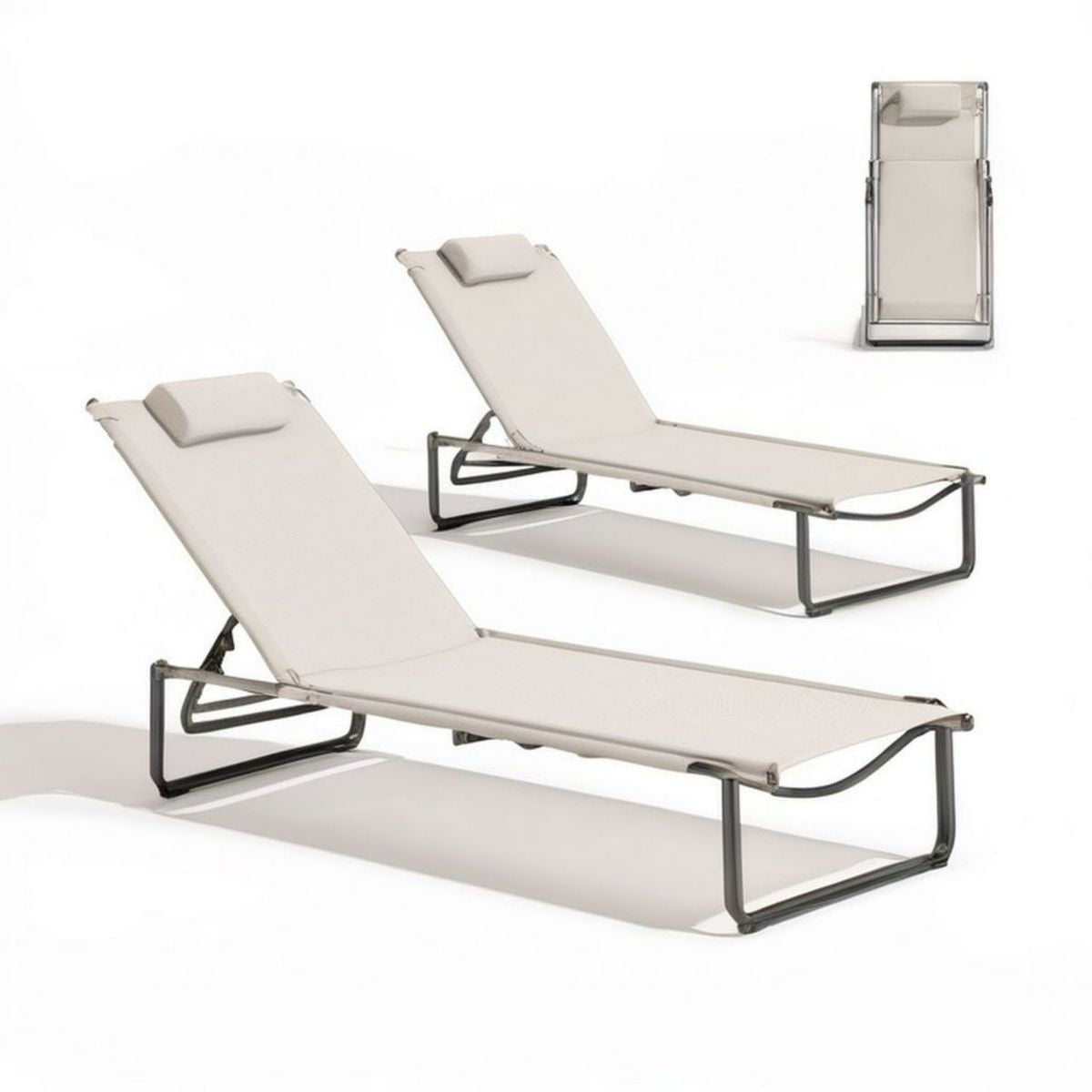 2er-Set klappbare Gartenliegen mit Kopfpolster, 190 x 60 x 30 cm, Beige/Anthrazit