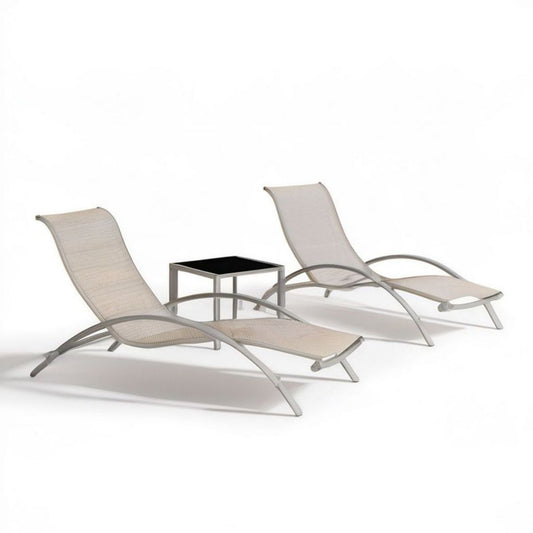 2 geschwungene Gartenliegen mit Beistelltisch, 200 x 70 x 95 cm, Beige/Silber/Schwarz