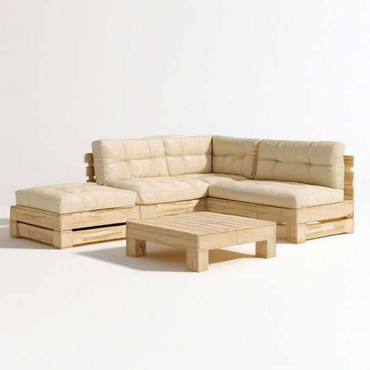 Paletten-Loungesofa-Set in L-Form mit Tisch, Kiefernholz Natur/Beige, 230 x 180 x 70 cm